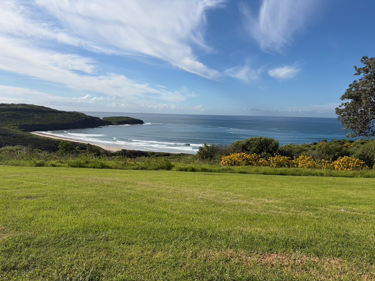 A wide view over The Farm at Killalea with ocean, headland and green grass under blue sky.