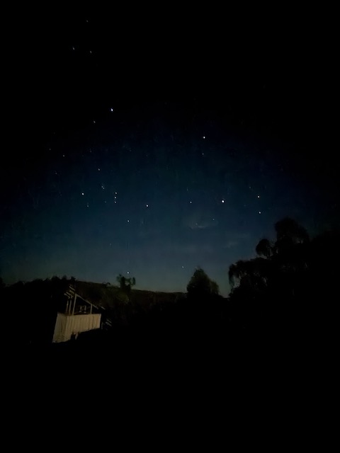 A dark starry sky over the Pilliga, with a timber barn silhouetted below and the Milky Way faintly visible above.